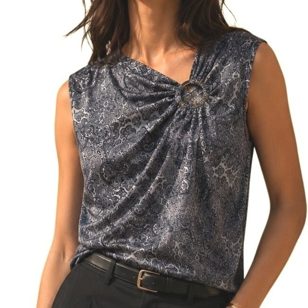 Michael Kors Navy Black Paisley Cowl Neck‎ Sleeveless Boho Top Ring Detail PM